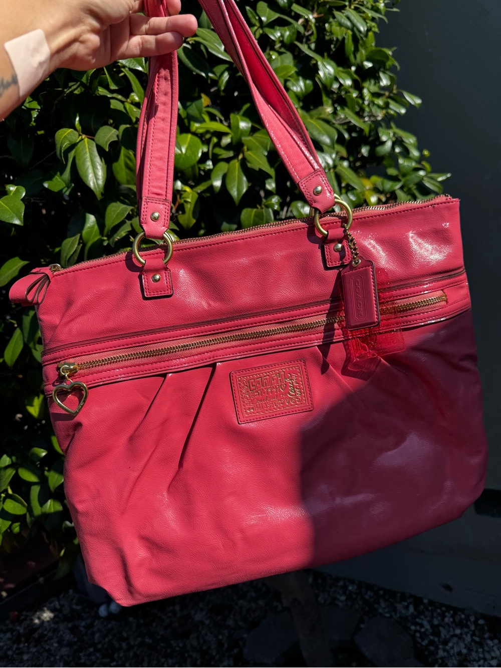 Coach Cherry Pink Pebbled Leather Tote with Heart Charm